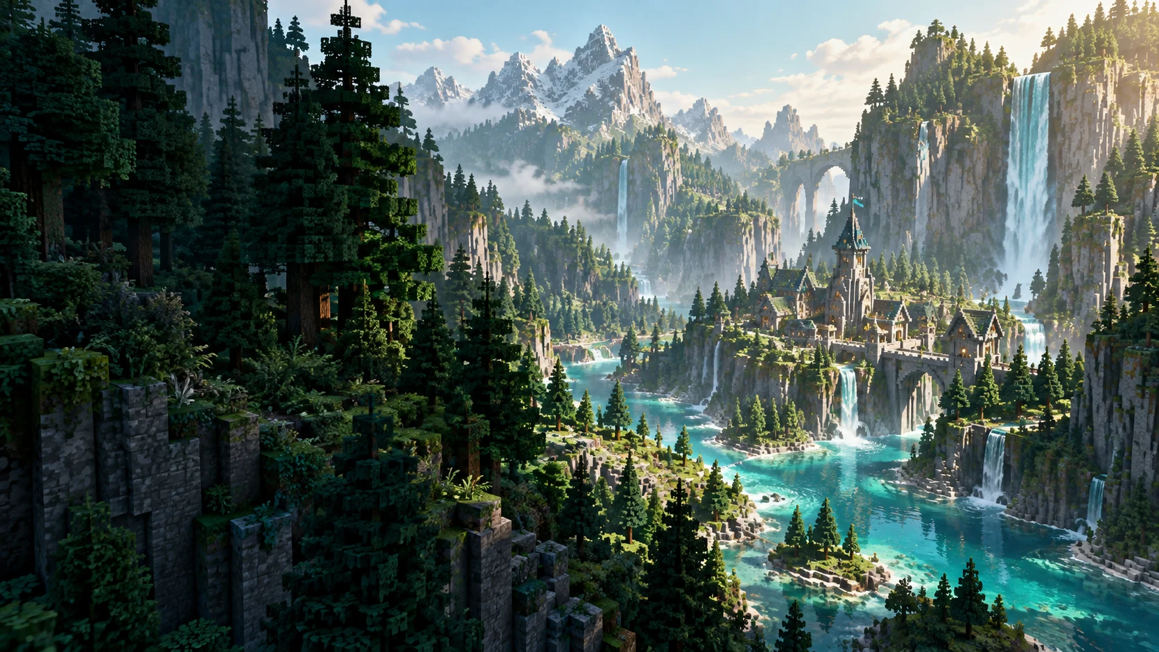 Illustration einer Minecraft-inspirierten Berglandschaft mit Wasserfällen, Wald und einer Burg